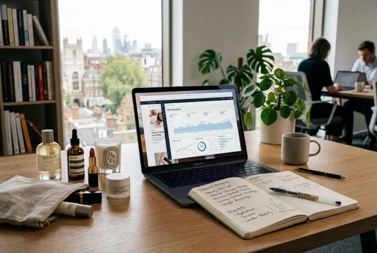 Beauty SEO: A Practical Guide to Search Visibility beauty SEO strategy workspace with skincare products and digital analytics