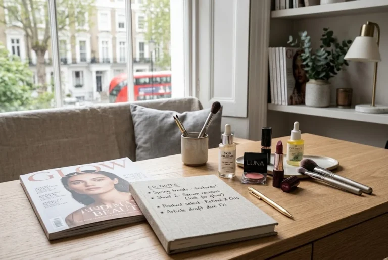 Beauty Writing: A Guide to Better Beauty Content beauty writing editorial workspace with skincare and makeup products