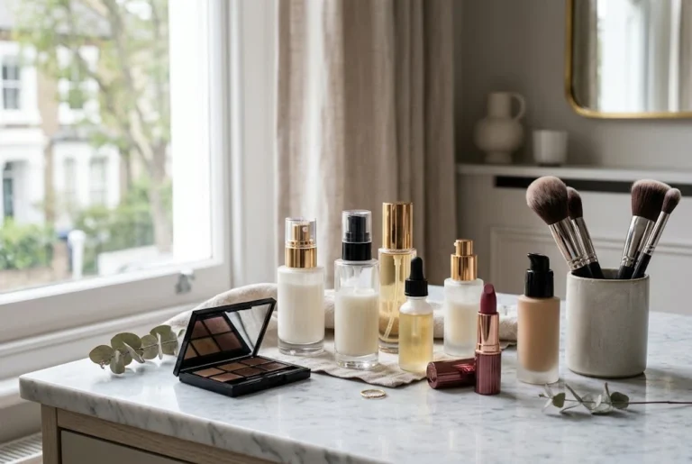 best beauty products including skincare and makeup on a luxury vanity