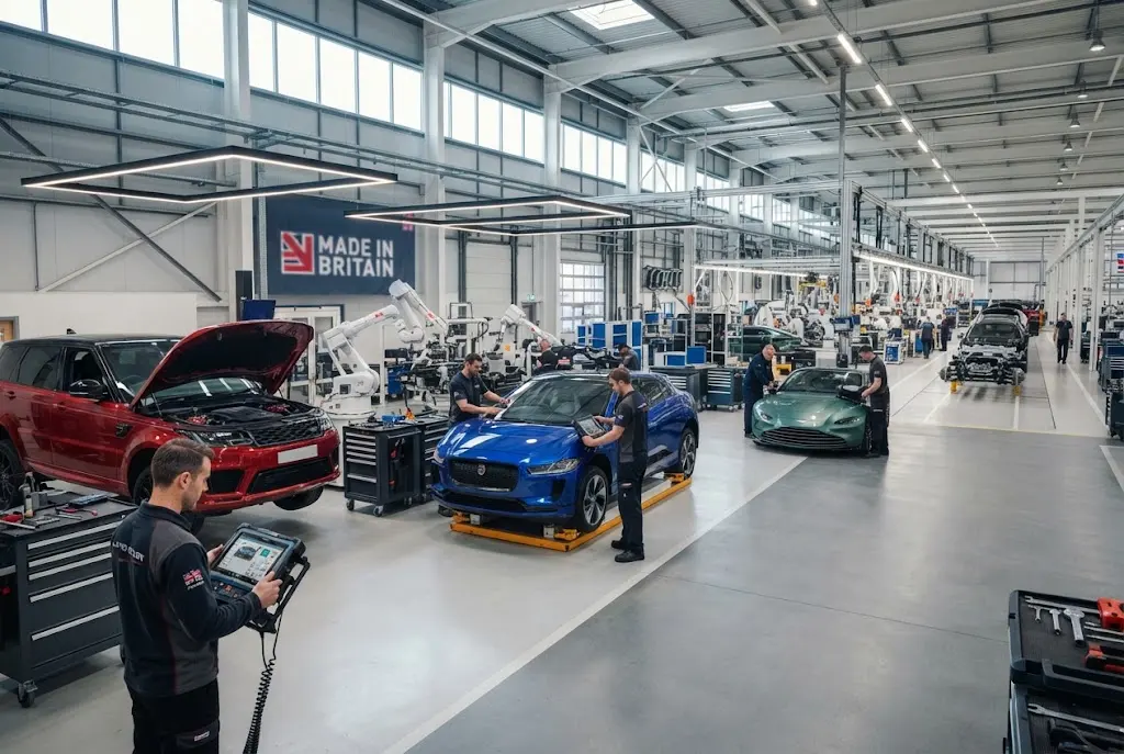 Automotive industry in the UK with modern vehicles and technicians
