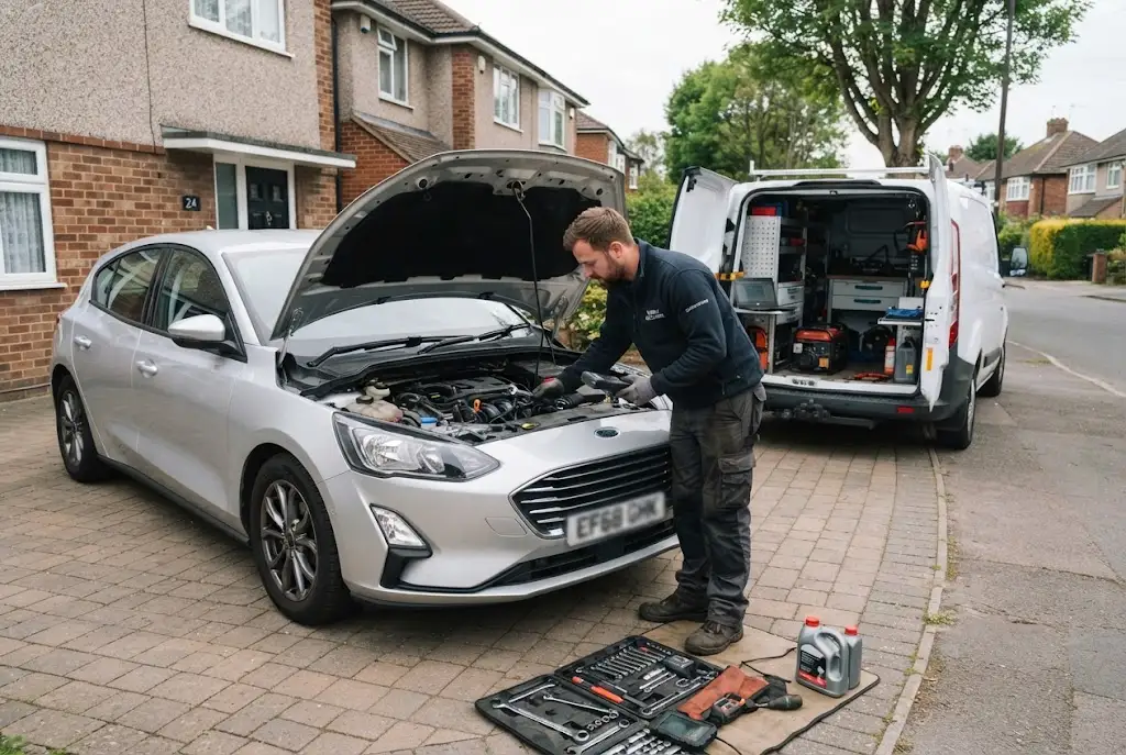 Mobile auto service with a mechanic working at a UK home