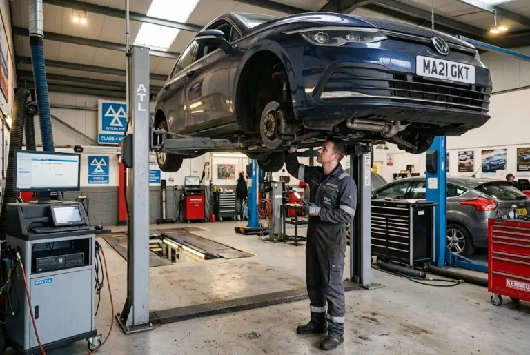 MOT and Service: UK Rules, Costs and Compliance Guide MOT and service inspection at a UK automotive testing garage