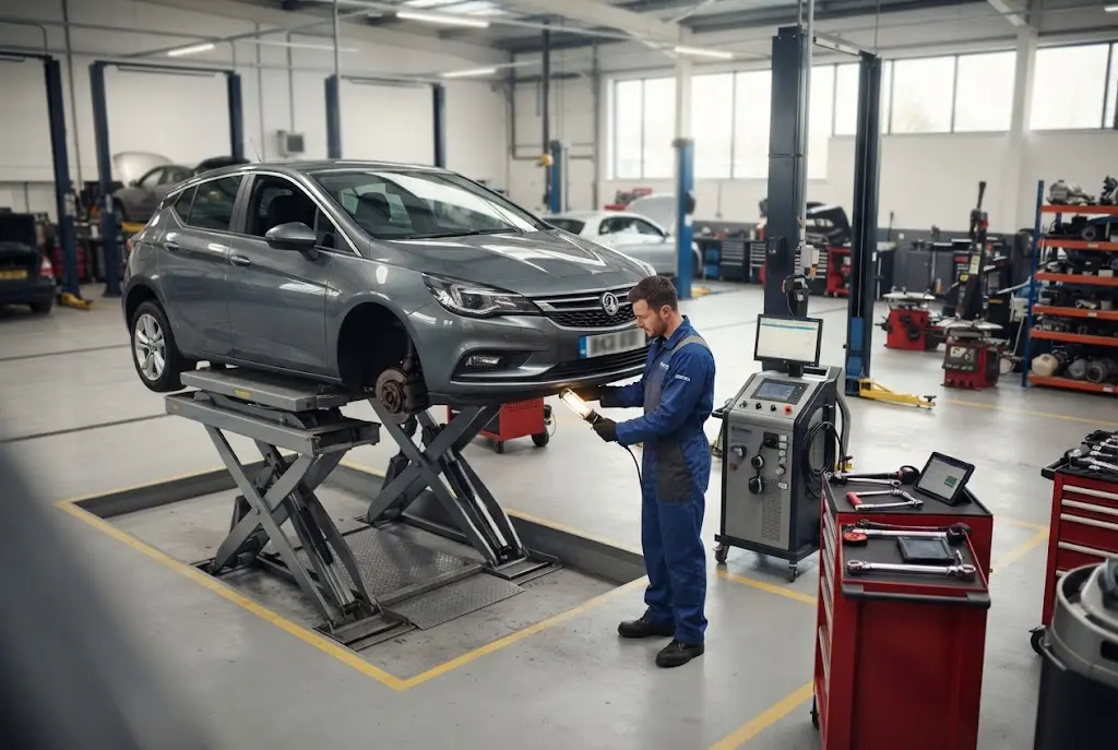 MOT and service inspection at a UK automotive workshop