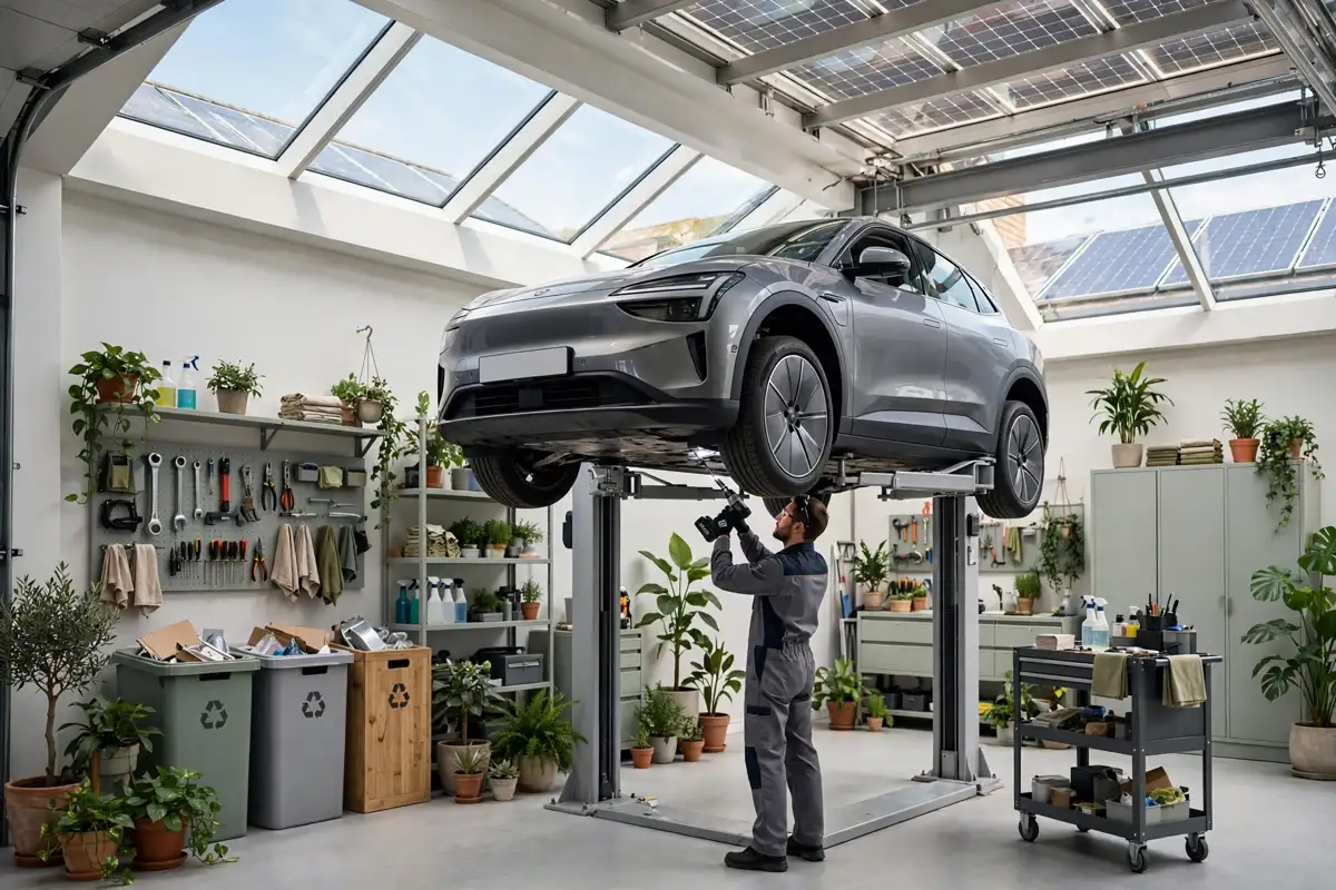A car on a lift during sustainable automotive services in a green UK workshop