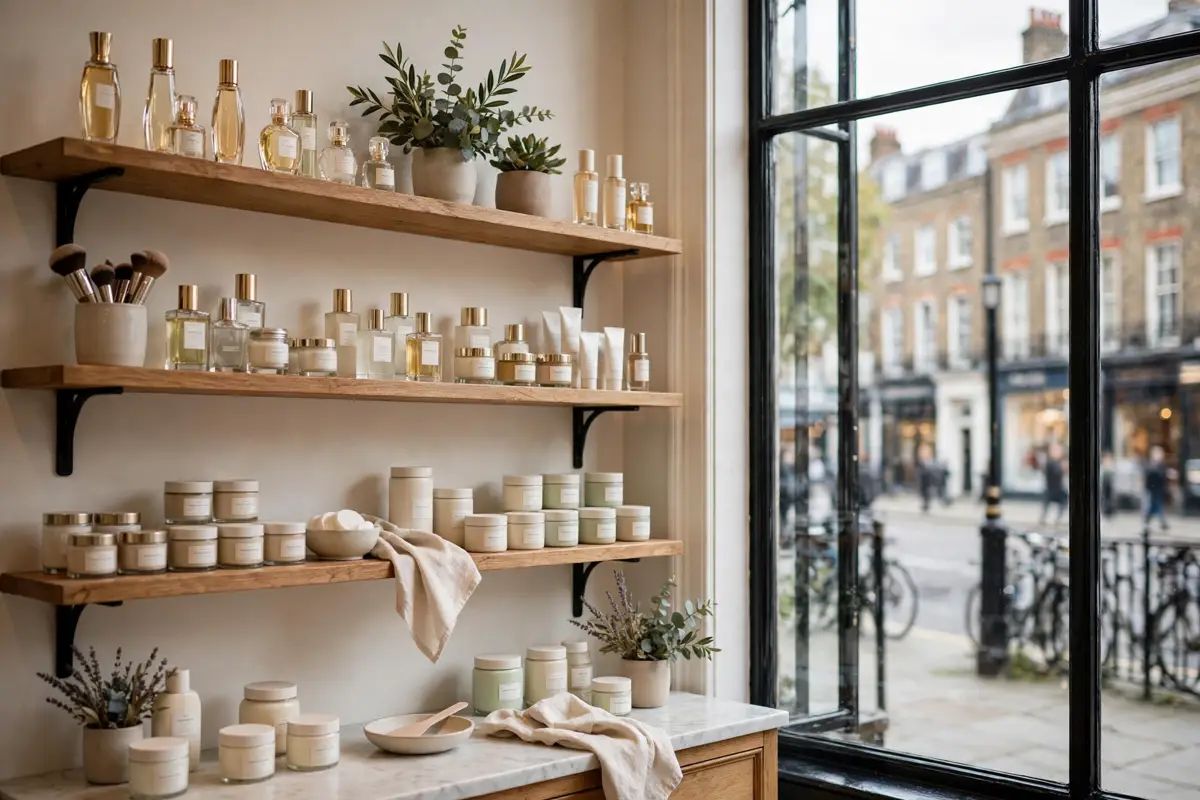 UK beauty industry products on shelves in a British beauty store